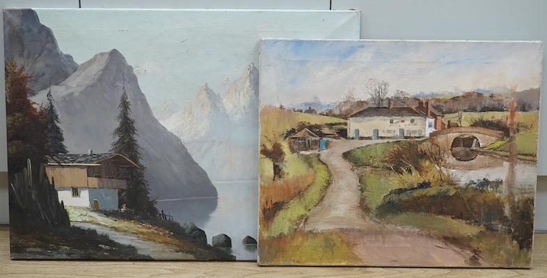 Two oils on canvas, comprising, O. Meller, Swiss mountainous scene together with another rural landscape, largest 51 x 68cm, unframed. Condition - fair